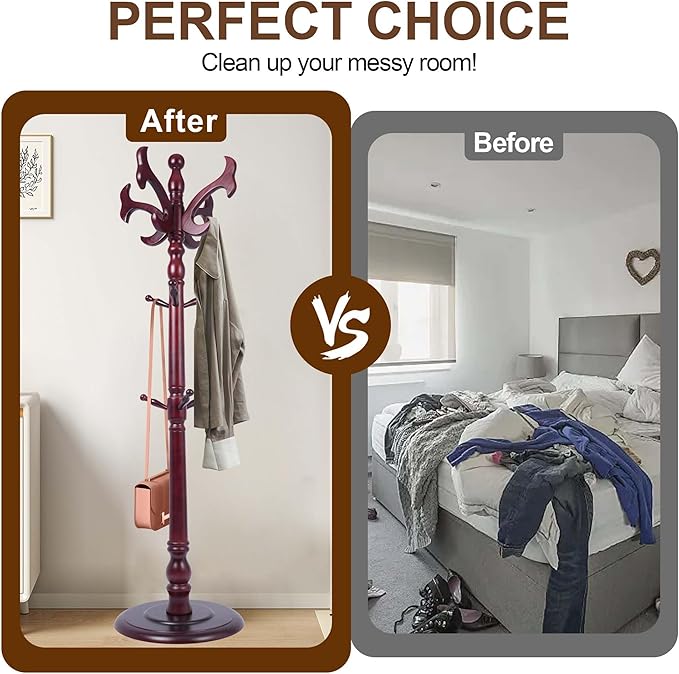 73”Vintage Wooden Coat Rack，With 14 Hooks and Sturdy Round Base.Sturdy and Durable Standing Coat Racks，Adjustable Wooden Freestanding Coat Rack for Porch，Bedrooms (Mahogany) (fishtail, 1 PCS)