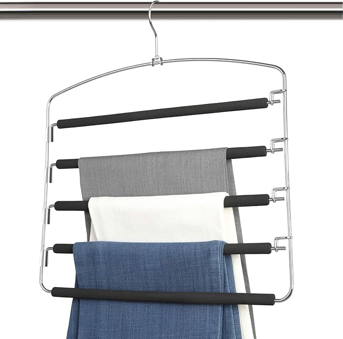 Pants Hangers 5 Layers Metal Slack Magic Hangers Non-Slip Foam Padded Swing Arm Space Saving Hanger Clothes Closet Storage Organizer for Pants Jeans Trousers Skirts Scarf Ties Towels（2 Pack）