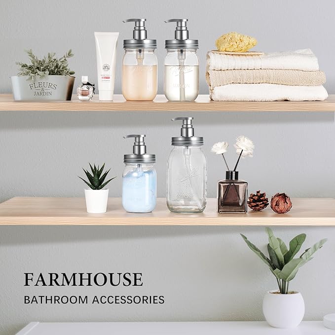 Amolliar Plastic Mason Jar Soap Dispenser with Pump Lid,16OZ Refillable BPA-Free Hand Soap Dispenser Set with Cute Lables, Farmhouse Decor for Kitchen Bathroom, Liquid Soap, Dish Soap (4 Pack, Silver)