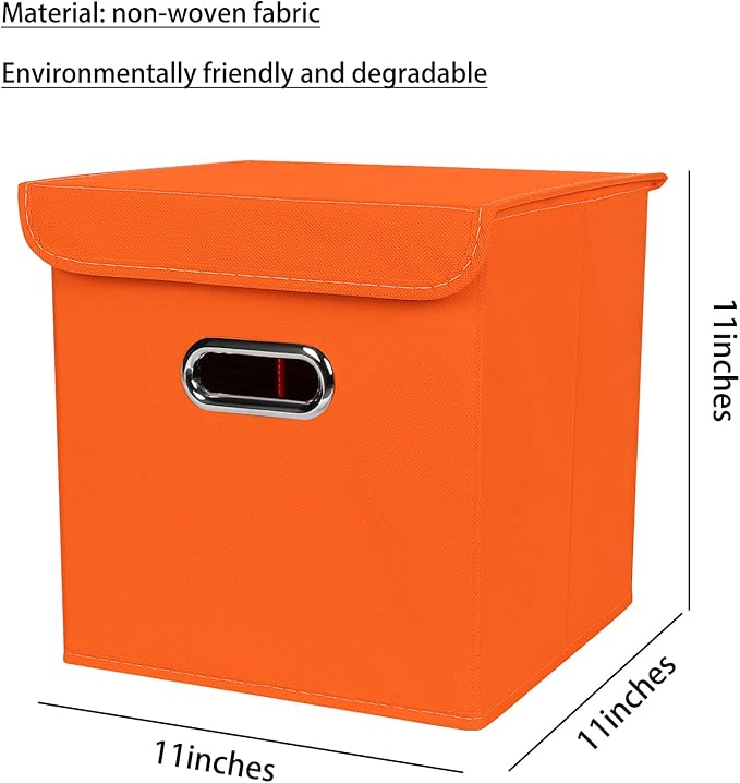 Closet Organizers Fabric Storage Bins With Lids Collapsible Cube Storage Organizer Basket With Handles,Storage Boxes for Clothes Storage,Office,Laundry,Shelves,6 Pack,（Orange）