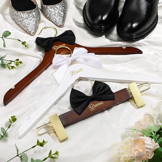 3 Pcs Bride and Groom Hangers for Dress Suit with Clips Wedding Wooden Hanger with Bow Tie for Mr and Mrs Shirt Tuxedo Suit Bridal Wedding Gift Bridesmaid Party Shower