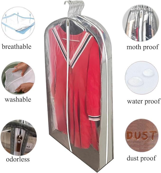 6.3"Gusseted Garment Bags for Hanging Clothes with Dual Zippers- Full Clear Front & Sides PEVA,50"Breathable Dust-proof Waterproof Dress Covers for Closet Storage,Travel,Moving,Gray,5 Pack