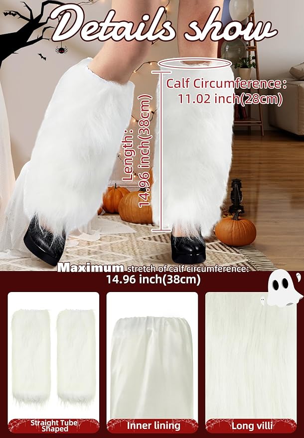 Zando Furry Faux Fur Leg Warmers for Women - Soft Fluffy Legwarmer Winter Boot Cuffs Covers for Daily Halloween Santa Costume