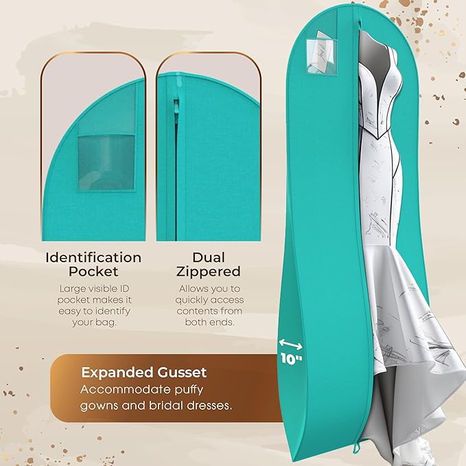 72" Tapered Long Dress Bags for Gowns - Wedding Dress Garment Bag for Dresses - Long Garment Bags for Hanging Clothes & Closet Storage, Dress Bag for Airplane