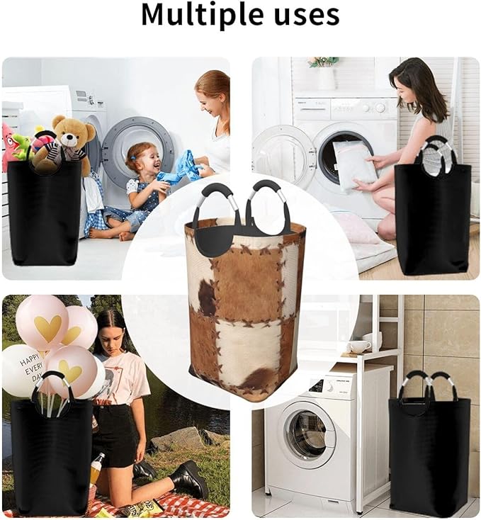 Brown Cow Print Laundry Basket Cowhide Laundry Hamper Animal Collapsible Baskets with Handle Dirty Clothes Hamper Bag for Dorm Family Bathroom Decor Storage 50L
