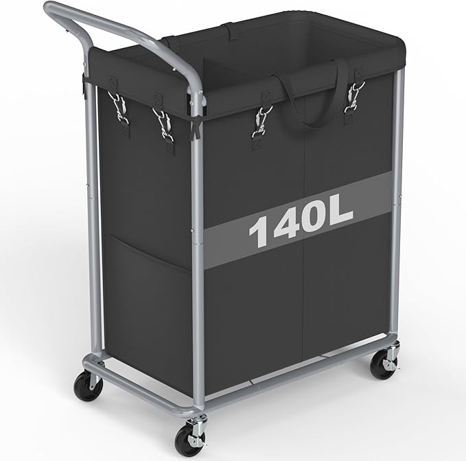 Laundry Hamper 2 Section, Rolling Laundry Basket with Wheels, Laundry Cart with Removable Liner, 37 Gallons (140L) Clothes Hamper, Blanket Dirty Clothes Basket Steel Frame with Handle(Black)