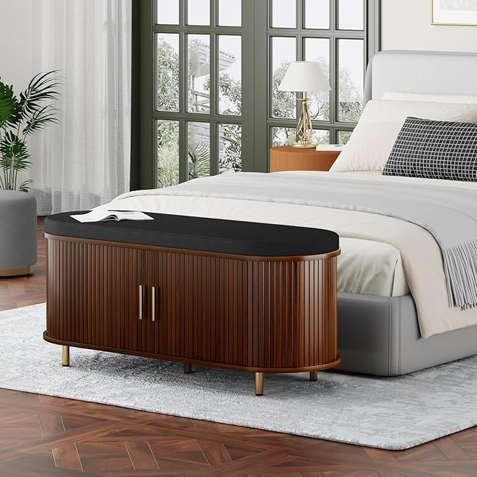 Entryway Bench with Storage: 43.31" Wooden Bedroom Shoe Bench with Thickened Padded Seat Cushion, Mid Century Modern Fluted Sliding Door and Adjustable Shelf, for Entryway, Living Room