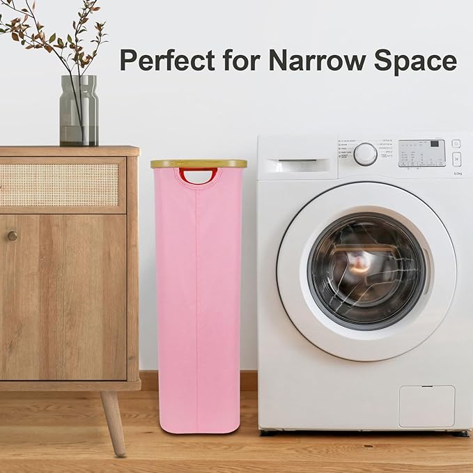Pink Hamper Pink Laundry Basket - 60L Slim Laundry Hamper with Lid, Cute Hamper Girls Laundry Basket for Bedroom, Slim Girls Laundry Hamper with Bamboo Handle, Ideal for Valentine's Day Gift
