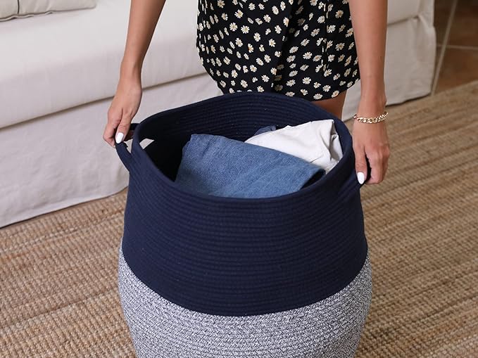26"x20" Handcrafted Tall Cotton Rope Basket with Lid, Stylish Flagon Shape with Cover, Clothes Hamper with Top, for Bedroom and Living Room, Dark Blue Mix