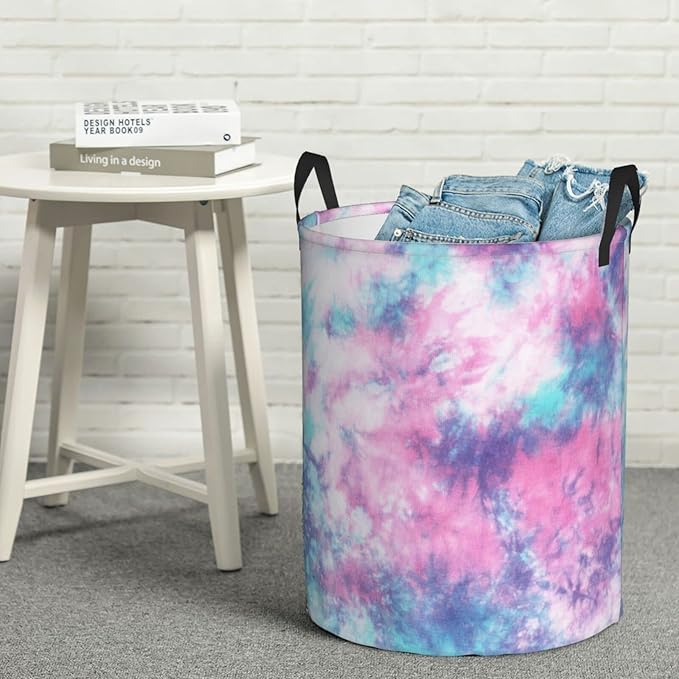 Dujiea Pastel Blue Pink Tie Dye Laundry Basket Round with Handle, Collapsible Foldable Canvas Storage Bin Dirty Clothes Bag for Laundry/Toys Organizer/College Dorm/Nursery/Decor(2 Sizes)