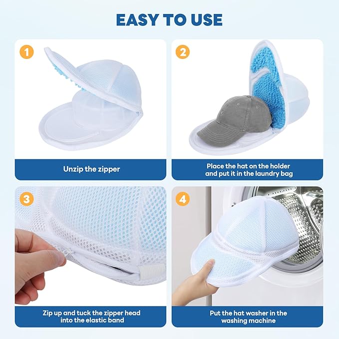 Upgraded Hat Washer Cage with Protective Mesh Bag, Durable Hats Cleaner for Caps, Hat Washing Cage with Chenille Liner - Reusable, Fixed Holder, Prevents Deformation, Fits Adult & Kids Caps, 2 Pack