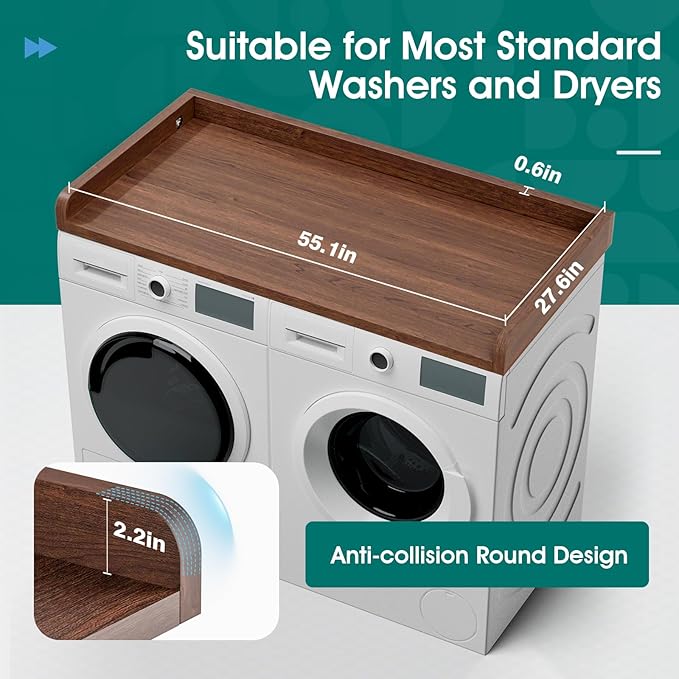 Washer Dryer Countertop, 27.5" Depth x 54" Width, Washer Dryer Wood Top for Laundry Room Organization, Melamine Countertop with Edge Rails