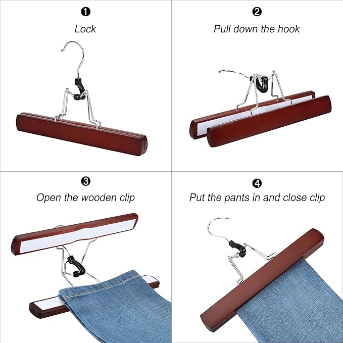 TOPIA HANGER 12 Pack Wooden Pants Hangers, Hair Extension Hangers Non Slip Skirt Hanger Wood Clamp with Velvet Padded 360° Swivel Hook for Jeans, Skirts, Trousers, Wigs Cherry CT67M