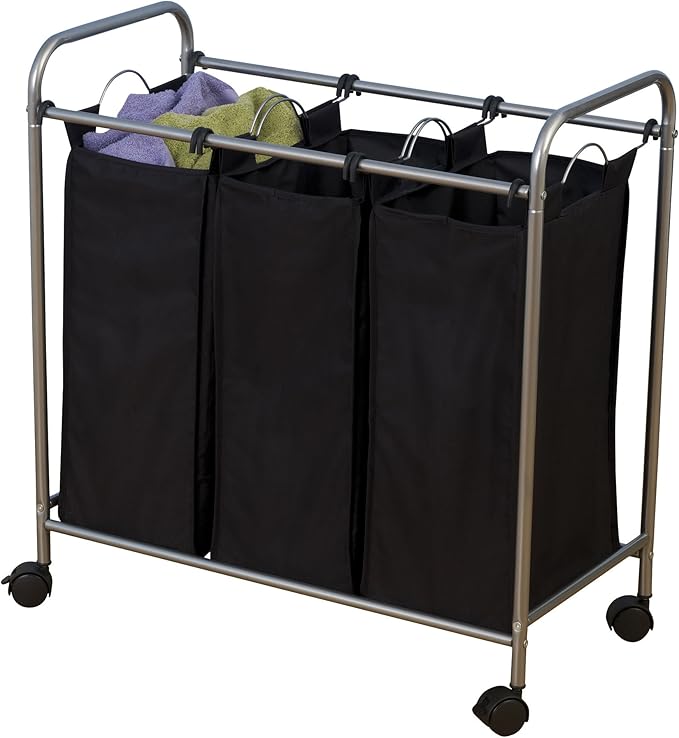 Household Essentials 7044 Triple Laundry Sorter on Wheels - Black and Grey