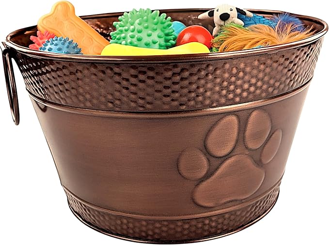 BREKX Metal Indestructible Dog Toy Bin - Storage Bin with Handles, Farmhouse Organizer Storage Basket for Pet Toys, Blankets, Leashes - Home Decor (Lead-Free Copper)