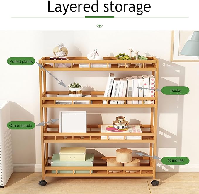 3/4Tier Slim Storage Rolling Cart with Wheel,Wood Storage Trolley Cart,Kitchen Rolling Utility Bamboo Kitchen Slide Out Organizer Rack,Mobile Shelving for Kitchen Bathroom gap(4Tier 60cmwide)