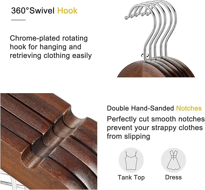 TOPIA HANGER Wooden Suit Hangers with Adjustable Metal Clips (20 Pack), Solid Wood Clothes Hangers, 360° Swivel Hook, Premium Retro Finish Pants Hangers for Clothes Coat, Jeans, Blouse-CT28A20