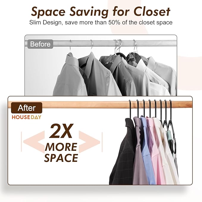 HOUSE DAY Black Plastic Hangers 50 Pack - Made in USA - Lightweight & Slim Space Saving Clothes Hanger with Shoulder Grooves for Dresses, Lingerie, Shirts, Pants, Durable Closet Organizers and Storage