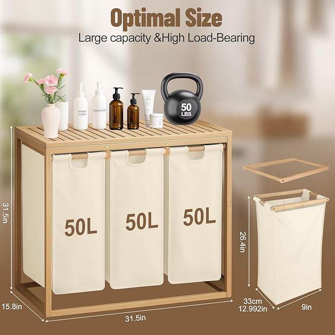 Bamboo Laundry Hamper 3 Section with Lid, 150L Laundry Sorter with Pull-Out Removable Washable Bags, 3 × 12.5 Gal Divided Laundry Baskets for Laundry Room, Bathroom (Beige)