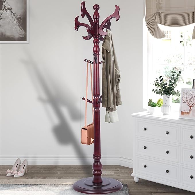 Free Standing Coat Rack with 14 Hooks, Vintage Wooden Coat Tree, Adjustable Height 73 Inches, Retro Coat Stand for Entryway, Living Room, Office & Bedroom (Mahogany) (fishtail, 1 PCS)
