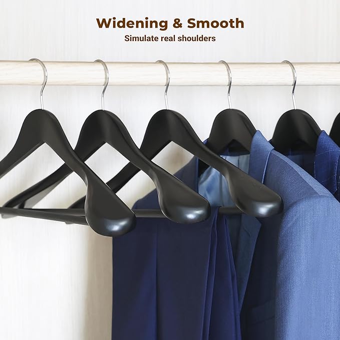 Coat Hanger 8-Pack, MEQUTION Wood Hangers Trouser Hangers Extra Wide Shoulder Wooden Hangers for Heavy Coat, Sweater, Skirt, Suit, Pants, Retro Finish (Black)