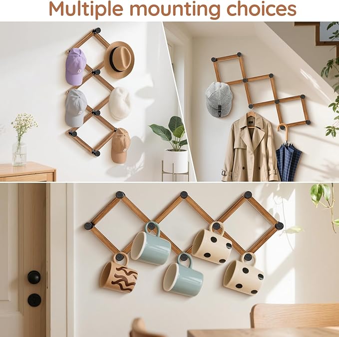 WGFKVAS 2 Pack Accordion Wall Hanger, Expandable Wooden Coat Rack Wall Mounted, Hat Rack Hat Hanger for Caps, Coats, Mugs