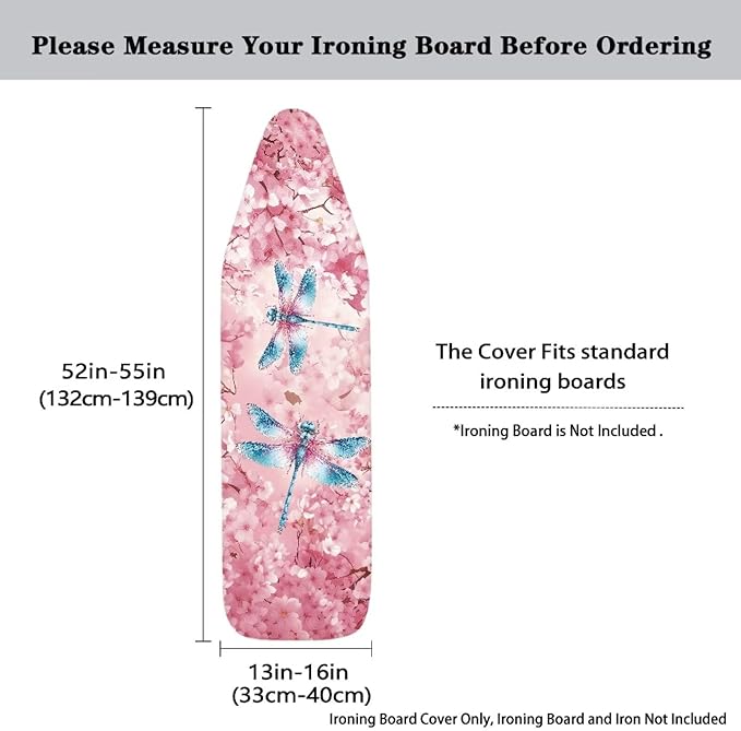 Dragonfly Flower Iron Board Cover with Padding Stantard Size 15x54 inch Ironing Board Cover Hook and Loop Fasteners Pressing Cloth for Ironing