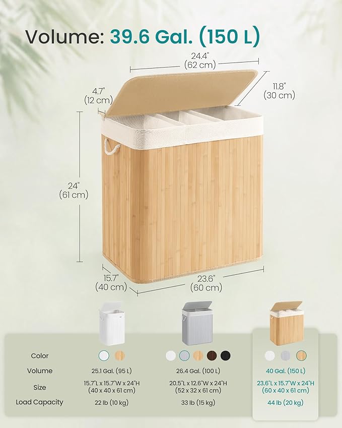 SONGMICS Laundry Hamper, 39.6 Gal. (150 L), 3-Section Laundry Basket, Laundry Hamper with Lid, Bamboo, Foldable, Removable and Machine Washable Liner, for Laundry Room, Bedroom, Natural ULCB091N01