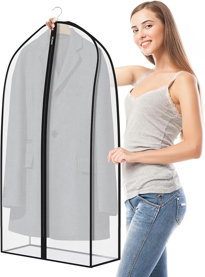 Zilink Breathable Garment Bags for Leather Coat 43” Suit Bags for Closet Storage Silky Suit Dust Covers for Hanging Clothes with 7" Gussted Wrinkle Free for Leather Clothing, Fur Coat, Dress, Set of 4