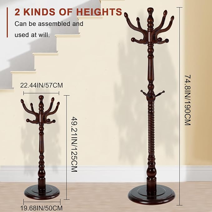 Wooden Coat rack freestanding, Coat racks stand with 11 Hook, Heavy duty coat tree standing 2 Adjustable Heights for Bedroom, Entryway, Hallway, Office,Stury Base (Brown disc)