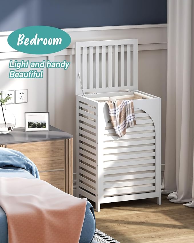 White Laundry Hamper, 22.5 Gallon (85L) Bamboo Wood Clothes Laundry Basket with Lid and Handles, Removable Liner