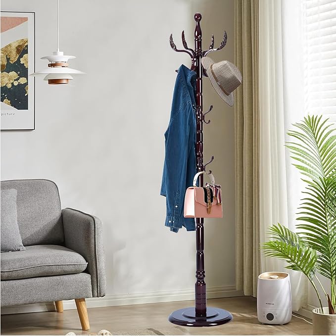 Solid Wood Coat Rack, Free Standing Hall Coat Tree with 14 Hooks, 3 Height Options, 300lbs Load, Stury Base, Clothes Rack for Entryway, Hallway, Bedroom (Disc Base - Wooden Phoenix Hook)