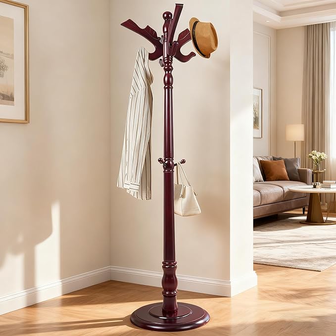 73”Vintage Wooden Coat Rack，With 14 Hooks and Sturdy Round Base.Sturdy and Durable Standing Coat Racks，Adjustable Wooden Freestanding Coat Rack for Porch，Bedrooms (Mahogany) (Flying Swallow, 1 PCS)
