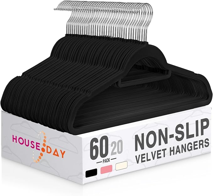 HOUSE DAY Velvet Hangers 60 Pack, Non-Slip Hangers with Tie Bar, Premium Slim Clothes Felt Hanger Standard Hanger 360° Swivel Hook for Closet Organized Storage，Elegance Black