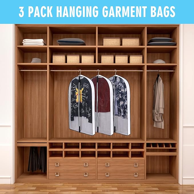 40" Garment Bags for Hanging Clothes, Clear Proof Suits Covers with 4" Gussets for Closet Storage and Travel Hanging Clothes Bag for Coat, Sweater, Jacket, Dress, Shirts (3 Pack - 40")