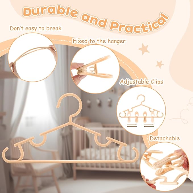 Hsei 5/10/40 Pack Baby Hangers with 10/20/80 Clips, Plastic Kids Pants Hangers for Nursery Closet Top and Bottom Clothes Hanger Set for Newborn Infant Toddler(120 Packs Total,Orange,10.6 Inch)