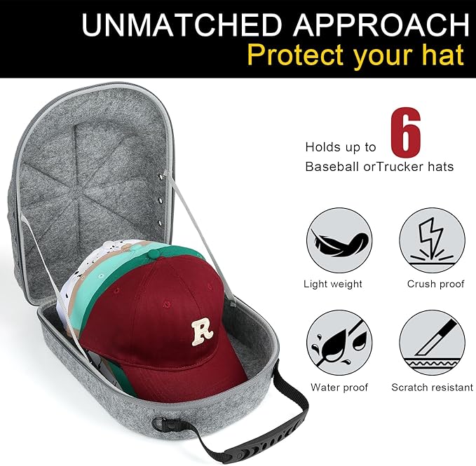 Hard baseball hat case, Hat Carrier Travel Case with Adjustable Shoulder Strap, Hat cap case for 6 Baseball Caps - Perfect for Traveling (Grey)