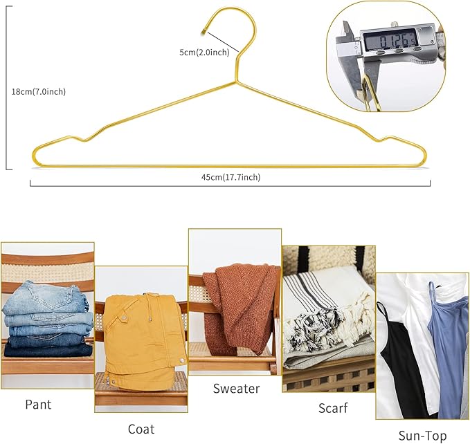 Nature Smile 45CM Heavy Duty Metal Hangers, Space Saving Suit Hangers, Metal Clothes Hangers, Coat Hanger, Standard Suit Hangers Ideal for Everyday Use, 10 Pack, Gold