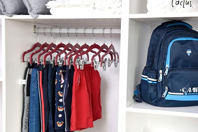 100 Quality Kids Plastic Non Velvet Non-Flocked Thin Compact Skirt Pant Coat Hangers with Metal Clips for Skirts Pants Blouses 360° Swivel Hook, Jacket, Shirt, Pants, Suit Hangers (Raspberry, 100)