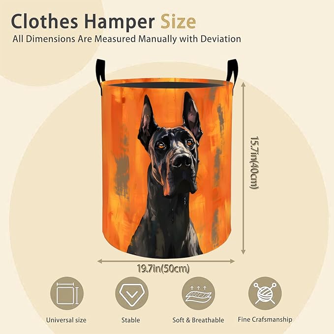 Great Dane Dog Laundry Basket Hamper for Boys Girls Kids Adults, Foldable Waterproof Oxford Clothes Storage Bin, Black Dog Pet Organizer for Bedroom Bathroom Room Decor 19.7"x15.8"