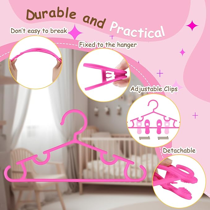 Hsei 5/10/40 Pack Baby Hangers with 10/20/80 Clips, Plastic Kids Pants Hangers for Nursery Closet Top and Bottom Clothes Hanger Set for Newborn Infant Toddler(120 Packs Total,Pink,10.6 Inch)