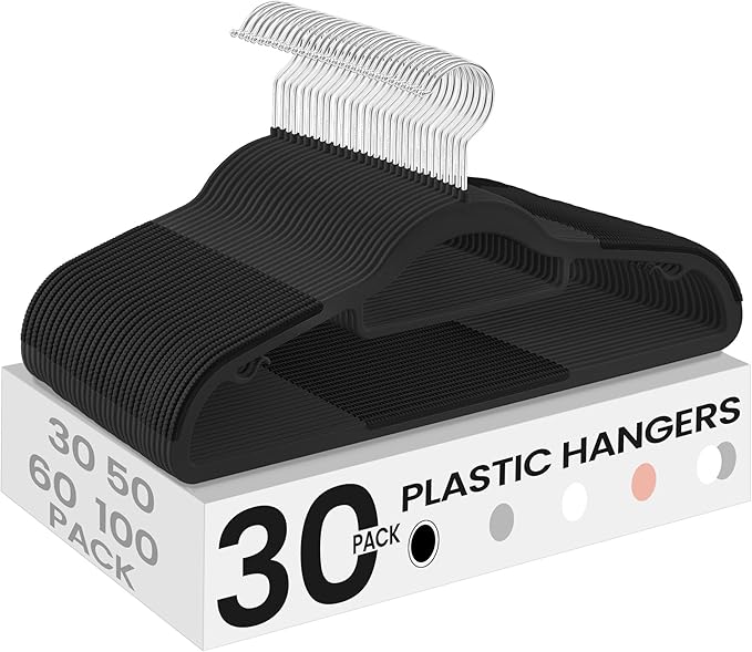 SONGMICS Pack of 30 Coat Hangers, Space-Saving Plastic Clothes Hangers, Non-Slip, 0.2 Inches Slim, 16.5 Inches Wide, 360° Swivel Silver Hook, Black UCRP20BK30