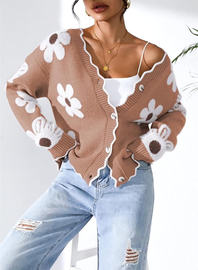 Pink Queen Fuzzy Sweater Cardigan for Women 2025 Fashion Long Sleeve Flower Outerwear Button Down Open Front Cardigan Coat