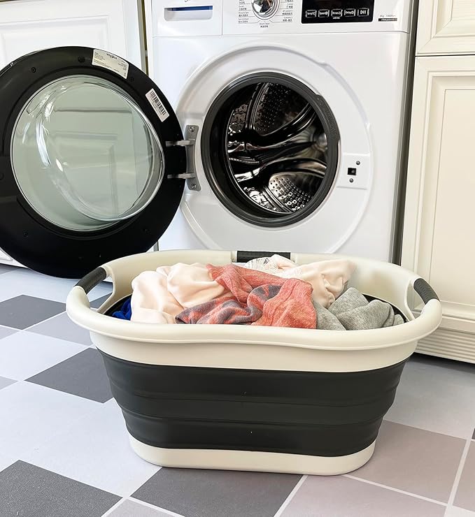 SAMMART 40L (10.5 gallon) Collapsible Plastic Laundry Basket - Foldable Pop Up Storage Container/Organizer - Portable Washing Tub - Space Saving Hamper/Basket (1, Warm Grey/Black)