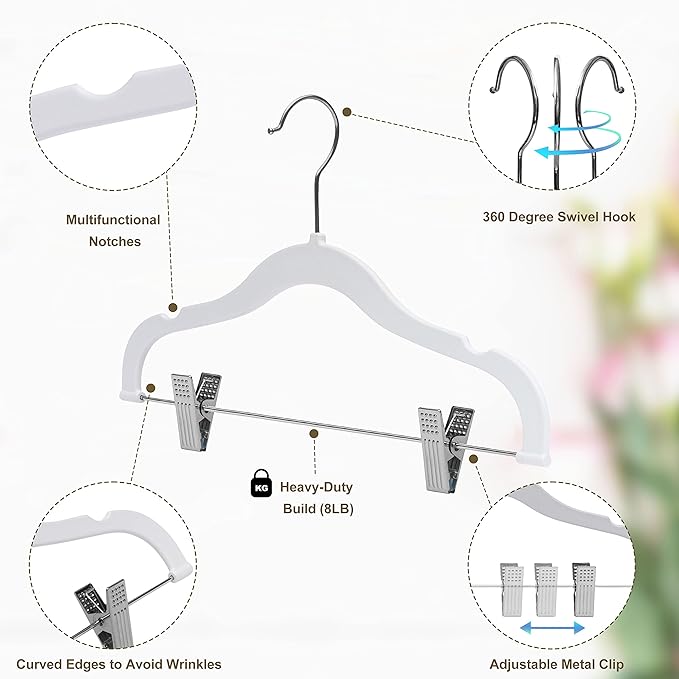100 Quality Kids Plastic Non Velvet Non-Flocked Thin Compact Skirt Pant Coat Hangers with Metal Clips for Skirts Pants Blouses 360° Swivel Hook, Jacket, Shirt, Pants, Suit Hangers (White, 100)