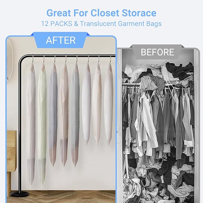 Garment Bags Covers (24''X60'' Set of 12) Long Dress Bags for Hanging Clothes (Pack of 6) with Study Full Zipper Coat Covers for Closet Clothes Storage and Travel