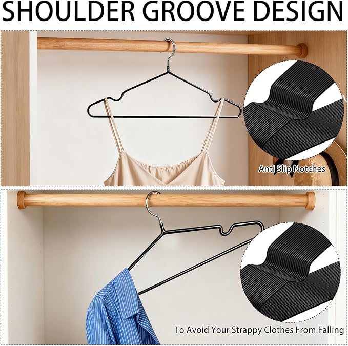 50 Pack 15" Non-Slip Metal Hangers, Wire Rubber Coated Hangers with Round Notches, Heavy Duty Space Saving Hanger for Pants, Strap Dress, Shirt, Camisole Black