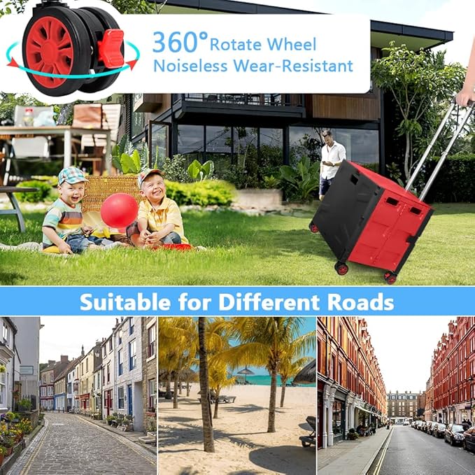 Foldable Shopping Utility Cart Portable Rolling Crate Handcart with 360°Rotate Wheel,Hidden Lid,Telescoping Handle Collapsible for Travel Shopping Moving Storage Office Use(Black/Red)