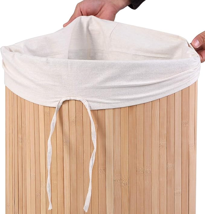 GOFLAME Corner Bamboo Laundry Hamper with Lid and Removable Liner, Washing Clothes Basket Storage Bin with Handle, Suitable for Bedroom, Bathroom, Laundry (Natural)