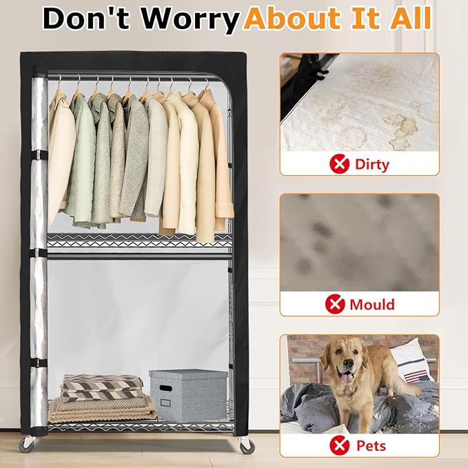 Garment Rack Cover,Heavy Duty 600D Durable Dustproof Waterproof Clothing Rack Covers with Zipper,47.2"W x 17.7"D x 80.7"H Clear Front Clothes Rack Covers (Cover Only)
